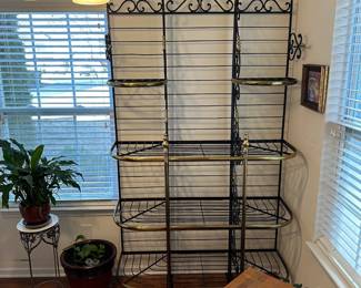 H6 - $500. Brass & Iron Bakers Rack. Measures 48" wide x 20" deep x 85" tall. Does NOT come apart to transport. 