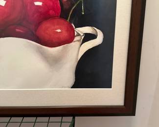 H22 - $50. "Bowl of Cherries" framed watercolor. Measures 26.5" x 20.5". Painting has slid down but can easily be fixed. 