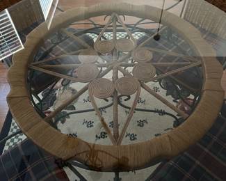 H3 - $175. Glass Top Table is 4' across x 30" tall. Includes 4 Iron framed chairs with cushioned seats. Glass has some minor scratches from use but nothing sharp and no big chips. 