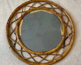 H7 - $60. MCM Round Double Fram Bamboo & Rattan Mirror. Measures 25" across. 