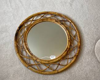 H7 - $60. MCM Round Double Fram Bamboo & Rattan Mirror. Measures 25" across. 