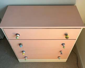 H60 - $75. Painted Wood Dresser for Childs Room. Measures 36" wide x 16" deep x 37.5" tall. All drawers slide easily with fun drawer pulls!