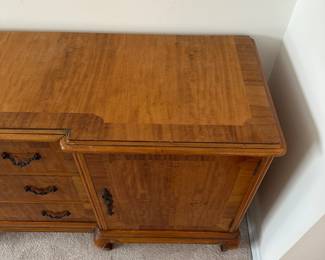 H2 - $150. Buffet Storage Cabinet. Measures 71" wide x 20" deep  32.5" tall. All drawers slide. Was used for linen storage - very versatile piece! Top has some minor water marks etc but overall good condition!