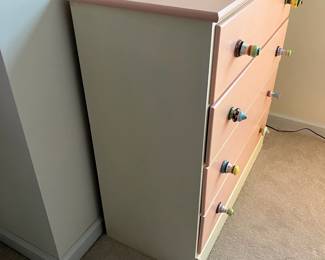 H60 - $75. Painted Wood Dresser for Childs Room. Measures 36" wide x 16" deep x 37.5" tall. All drawers slide easily with fun drawer pulls!