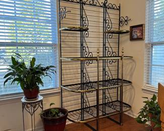 H6 - $500. Brass & Iron Bakers Rack. Measures 48" wide x 20" deep x 85" tall. Does NOT come apart to transport. 