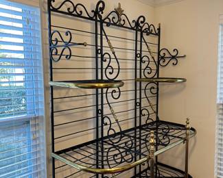 H6 - $500. Brass & Iron Bakers Rack. Measures 48" wide x 20" deep x 85" tall. Does NOT come apart to transport. 