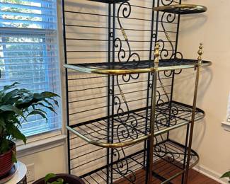 H6 - $500. Brass & Iron Bakers Rack. Measures 48" wide x 20" deep x 85" tall. Does NOT come apart to transport. 