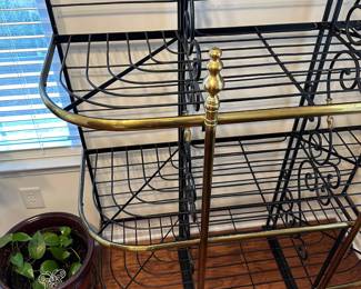 H6 - $500. Brass & Iron Bakers Rack. Measures 48" wide x 20" deep x 85" tall. Does NOT come apart to transport. 