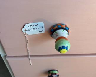 H60 - $75. Painted Wood Dresser for Childs Room. Measures 36" wide x 16" deep x 37.5" tall. All drawers slide easily with fun drawer pulls!