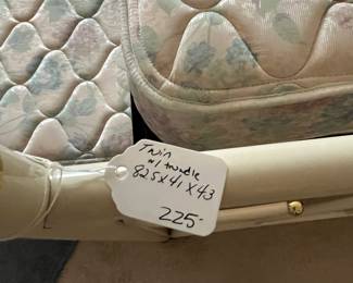 H62 - $225. Twin Day Bed with Trundle. Off white with brass accents. Measures 82.5" long x 41" deep x 43" tall. Includes both mattresses if you'd like them as well as custom sewn bedskirt & curtains. $225. Twin Day Bed with Trundle. Off white with brass accents. Measures 82.5" long x 41" deep x 43" tall. Includes both mattresses if you'd like them as well as custom sewn bedskirt & curtains. 