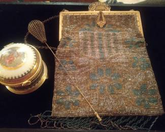 Antique quality beaded purse, hat pin, limoges box