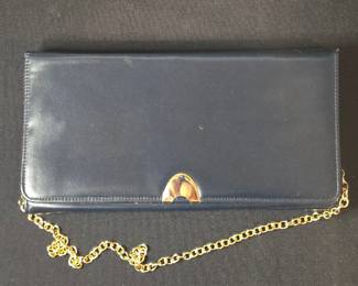 Holmes of London Navy Blue Leather Clutch with Gold Chain 