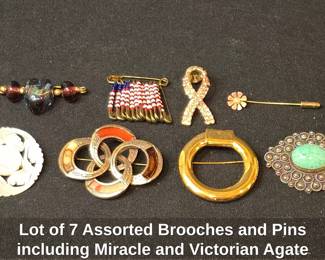 Lot of Assorted Brooches and Pins including Miracle and Victorian Agate Styles