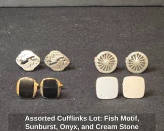 Assorted Cufflinks Lot Fish Motif, Sunburst, Onyx, and Cream Stone