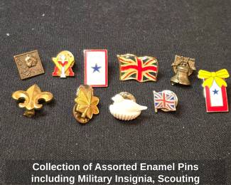 Collection of Assorted Enamel Pins including Military Insignia, Scouting Memorabilia, and Patriotic Symbols