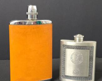 Vintage Orange Leather Wrapped Metal Flask and US Air Force Engraved Metal Flask