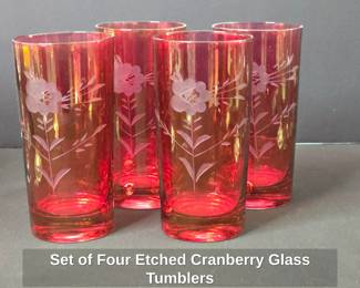 Set of Four Etched Cranberry Glass Tumblers