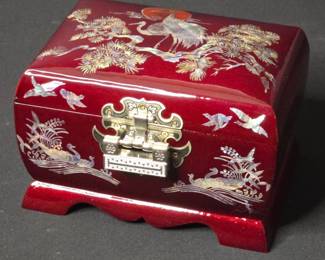 Korean Mother of Pearl Inlaid Lacquer Jewelry Box with Cranes and Waterfowl