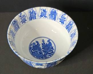 Vintage Sadek Kozan Gama Blue and White Porcelain Bowl with Bird and Floral Motif