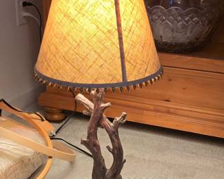 Rustic Driftwood Table Lamp with Linen Shade and Beaded Trim