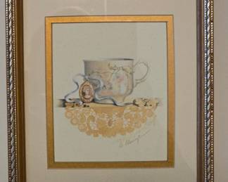 Framed and signed Print of a Teacup by Sandy Lynam Clough