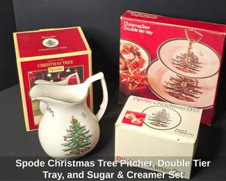 Spode Christmas Tree Pitcher, Double Tier Tray, and Sugar Creamer Set