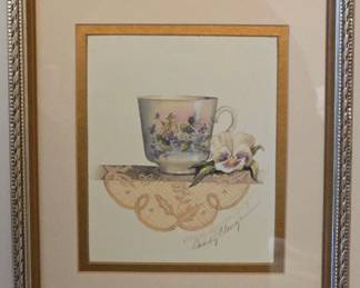 Framed and Sigbed Pansy and Teacup Print by Sandy Lynam Clough