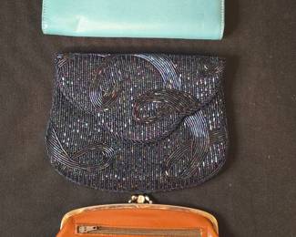 Lot of Three Vintage Purses Blue Leather Clutch, Beaded Evening Bag, and Tan Leather Coin Purse