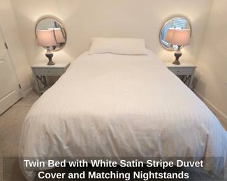 Twin Bed with White Satin Stripe Duvet Cover and Matching Nightstands