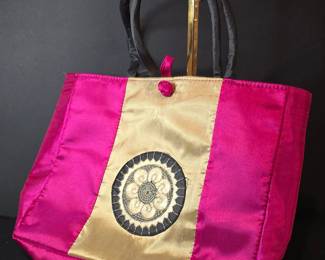 Vintage Fuchsia Silk Evening Bag with Embroidered Medallion and Brass Frame