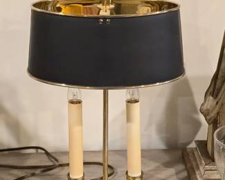 Brass Bouillotte Double Candle Sconce with Dark Blue Drum Shade