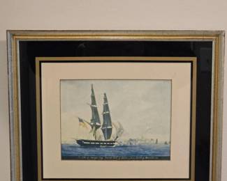 Watercolor of the American Brig Grand Turk Saluting Marseille,