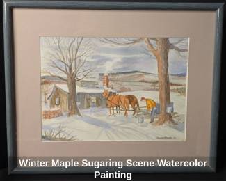 Winter Maple Sugaring Scene Watercolor Painting
