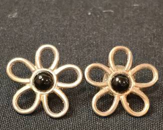 Sterling Silver Flower Earrings with Black Onyx Center