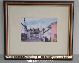 Watercolor Painting of The Queens Head Pub Street Scene