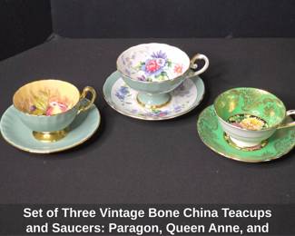 Set of Three Vintage Bone China Teacups and Saucers Paragon, Queen Anne, and Crown Staffordshire