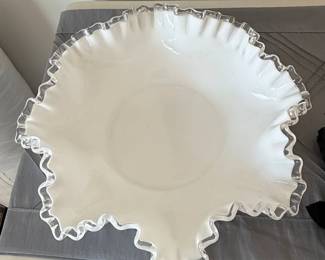 Fenton Silver Crest White Milk Glass Bowl with Applied Clear Ruffled Rim
