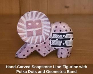  Hand Carved Soapstone Lion Figurine with Polka Dots and Geometric Band