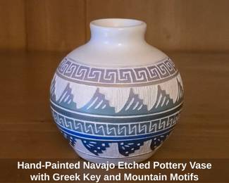 Hand Painted Navajo Etched Pottery Vase with Greek Key and Mountain Motifs