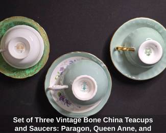 Set of Three Vintage Bone China Teacups and Saucers Paragon, Queen Anne, and Crown Staffordshire 