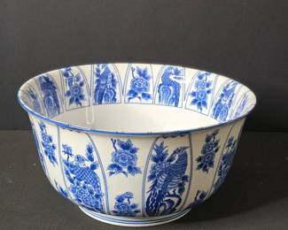 Vintage Sadek Kozan Gama Blue and White Porcelain Bowl with Bird and Floral Motif
