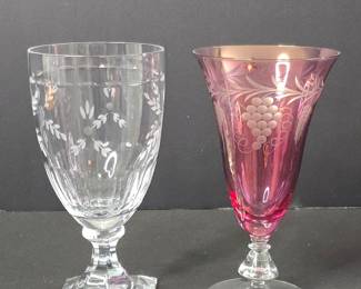 Vintage Etched Cranberry Glass Goblet with Grape Design and Crystal Goblet with Floral Etching