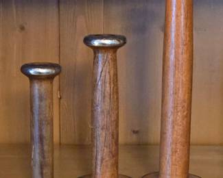 Set of Three Vintage Wood and Metal Bobbins Wilson Bros