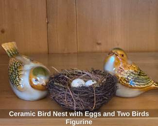 Ceramic Bird Nest with Eggs and Two Birds Figurine