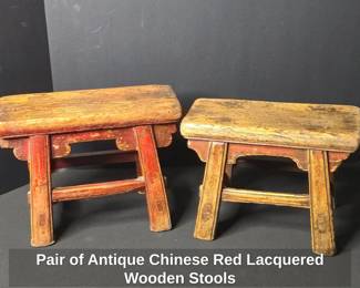 Pair of Antique Chinese Red Lacquered Wooden Stools