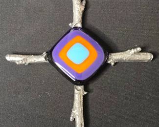 Marcie USA Fused Glass and Pewter Cross Pendant