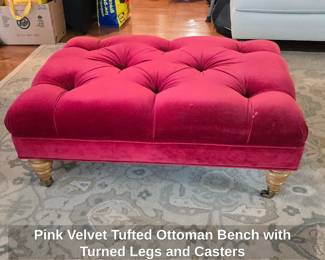 Red Velvet Tufted Ottoman Bench with Turned Legs and Casters