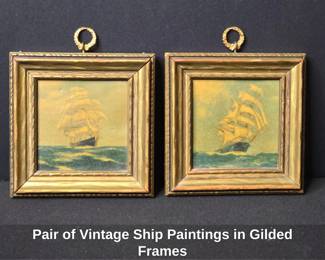Pair of Vintage Ship Paintings in Gilded Frames
