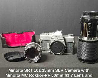 Minolta SRT mm SLR Camera with Minolta MC Rokkor-PF 50mm f/1.7 Lens and Vivitar Series Macro Focusing Auto Zoom Lens