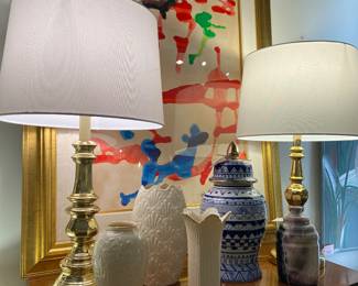 Lenox, brass lamps, Asian ginger jars, abstract artwork